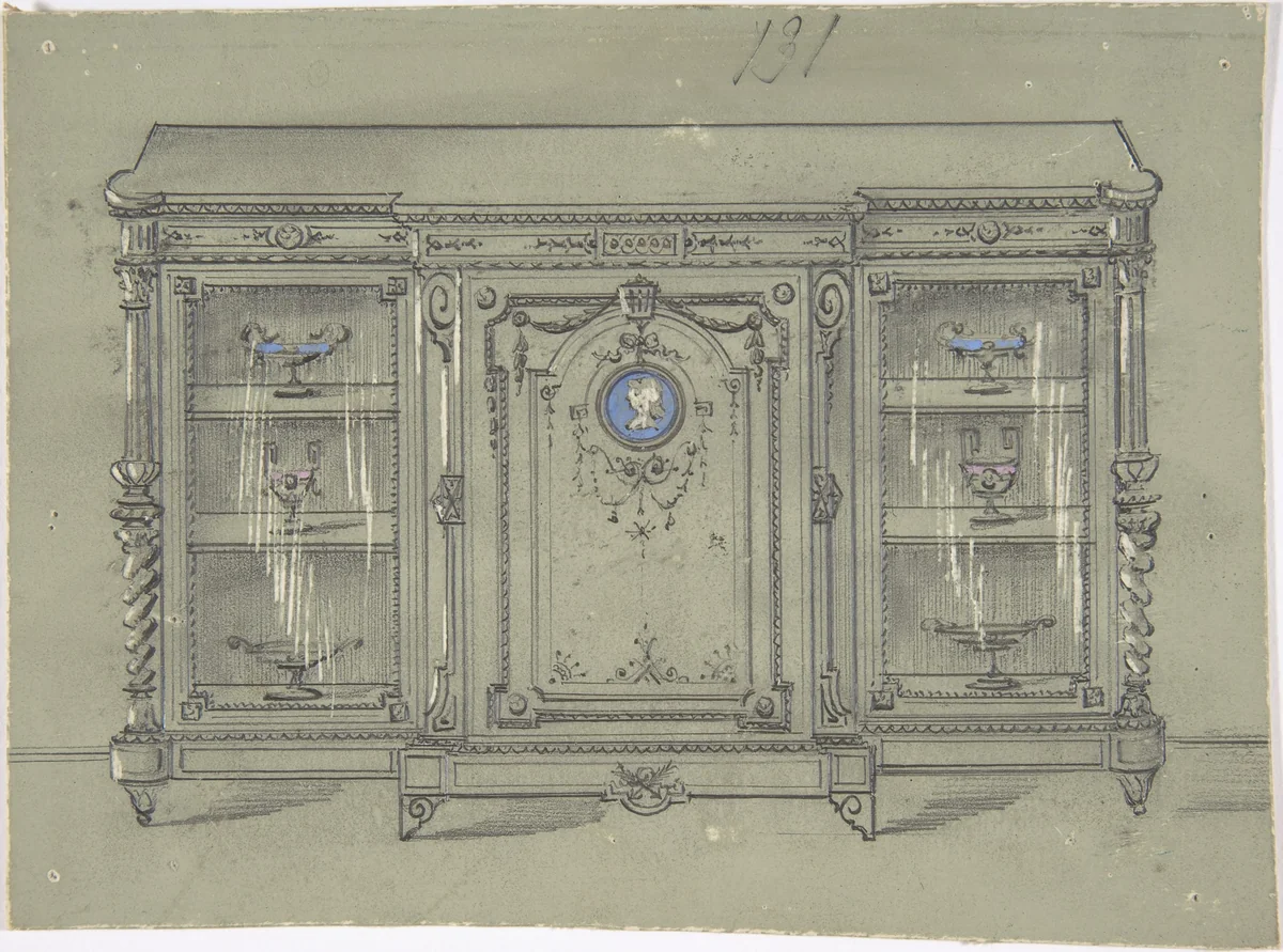 Design for a Cabinet with Glass Doors and a Porcelain Plaque by anonymous, drawing, 1800-1900