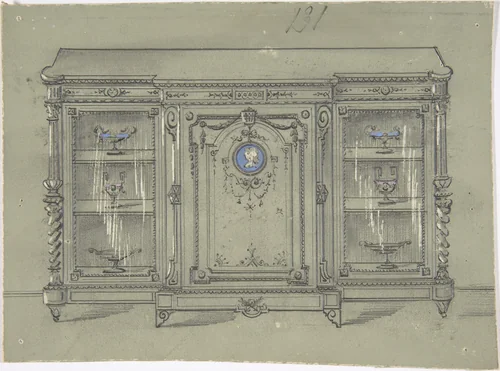 Design for a Cabinet with Glass Doors and a Porcelain Plaque by anonymous, drawing, 1800-1900