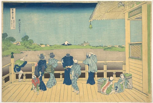 Sazai Hall at the Temple of the Five Hundred Arhats (Gohyaku Rakanji Sazaidō), from the series Thirty-six Views of Mount Fuji (Fugaku sanjūrokkei) by Katsushika Hokusai (葛飾 北斎), print, 1830-1832