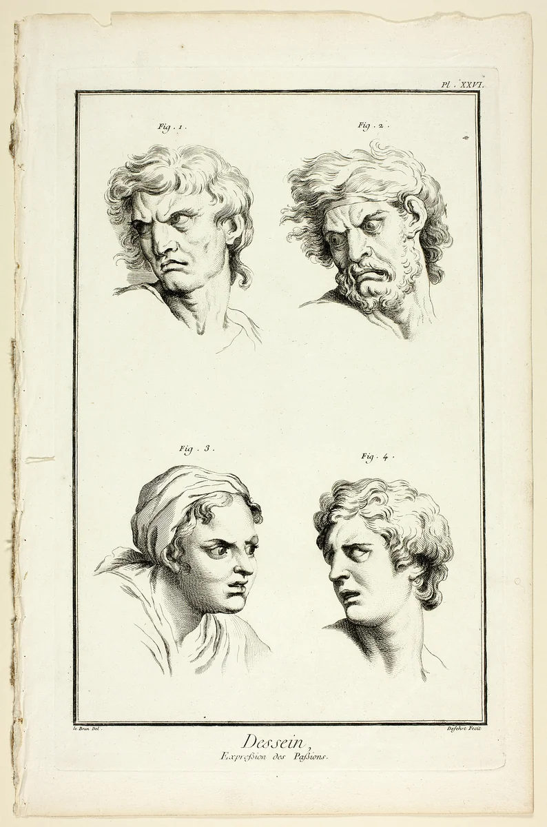 Drawing: Expressions of Emotion (Hate or Jealousy, Anger, Desire, Physical Pain), from Encyclopédie by A. J. Defehrt, print, 1762-1777