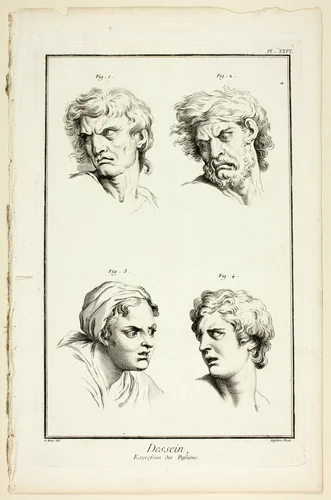 Drawing: Expressions of Emotion (Hate or Jealousy, Anger, Desire, Physical Pain), from Encyclopédie by A. J. Defehrt, print, 1762-1777