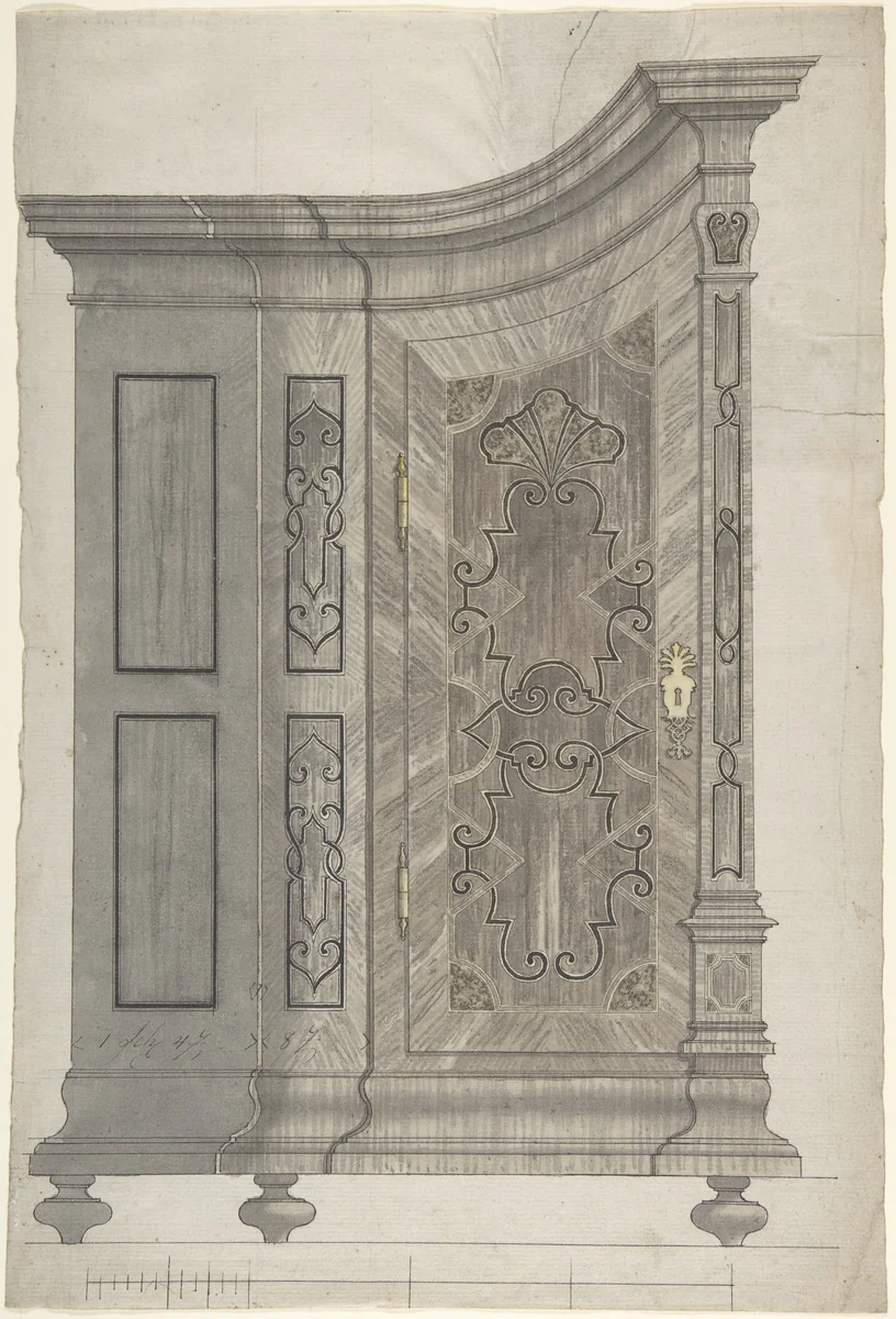 Design for a Concave Corner Cabinet (Possibly Part of a Larger Wall-Covering Unit) by anonymous, drawing, 1730-1740