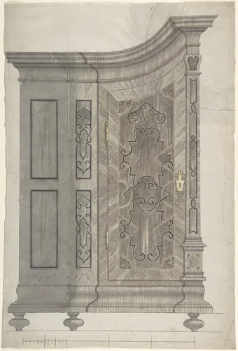 Design for a Concave Corner Cabinet (Possibly Part of a Larger Wall-Covering Unit) by anonymous, drawing, 1730-1740