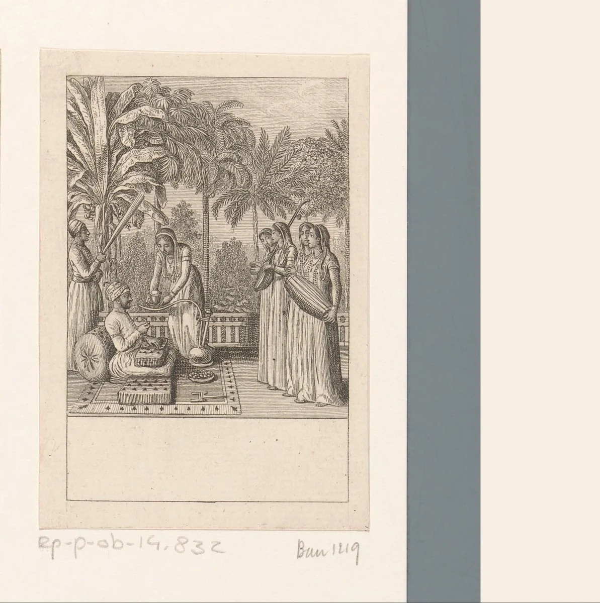 Vrouwen in een tuin maken muziek voor de Nawab by Daniel Nikolaus Chodowiecki, print, 1786