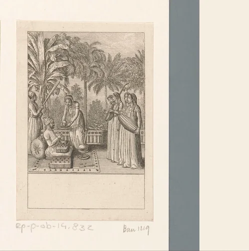 Vrouwen in een tuin maken muziek voor de Nawab by Daniel Nikolaus Chodowiecki, print, 1786