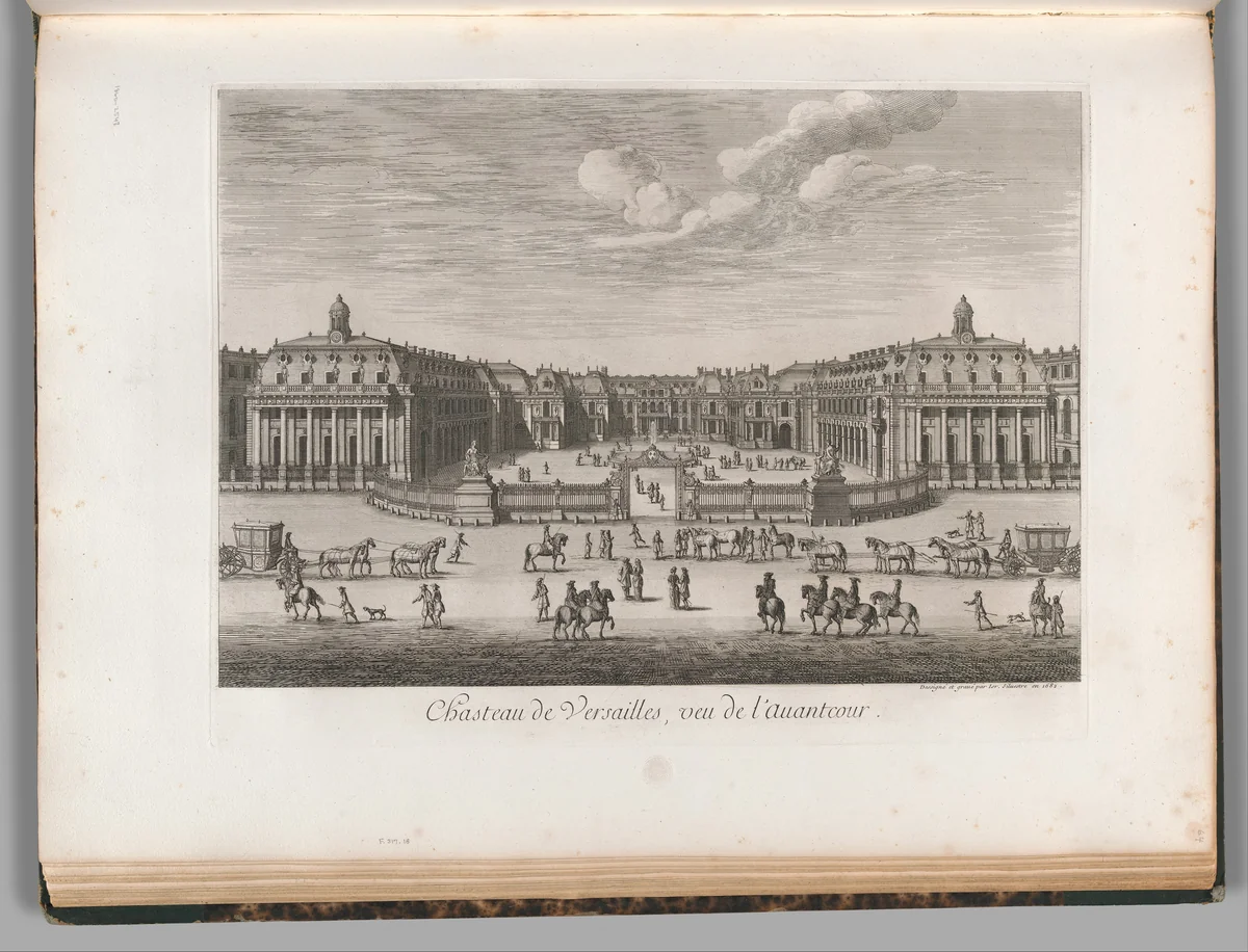 Château de Versailles seen from the forecourt, from Chalcographie du Louvre, Vol. 22 by Israel Silvestre, print, 1682-1860