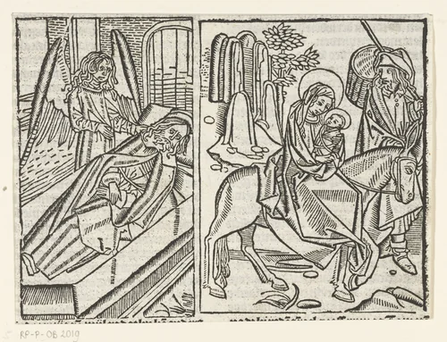 Engel verschijnt aan Jozef in een droom; De vlucht naar Egypte by Unknown, print, 1480-1500