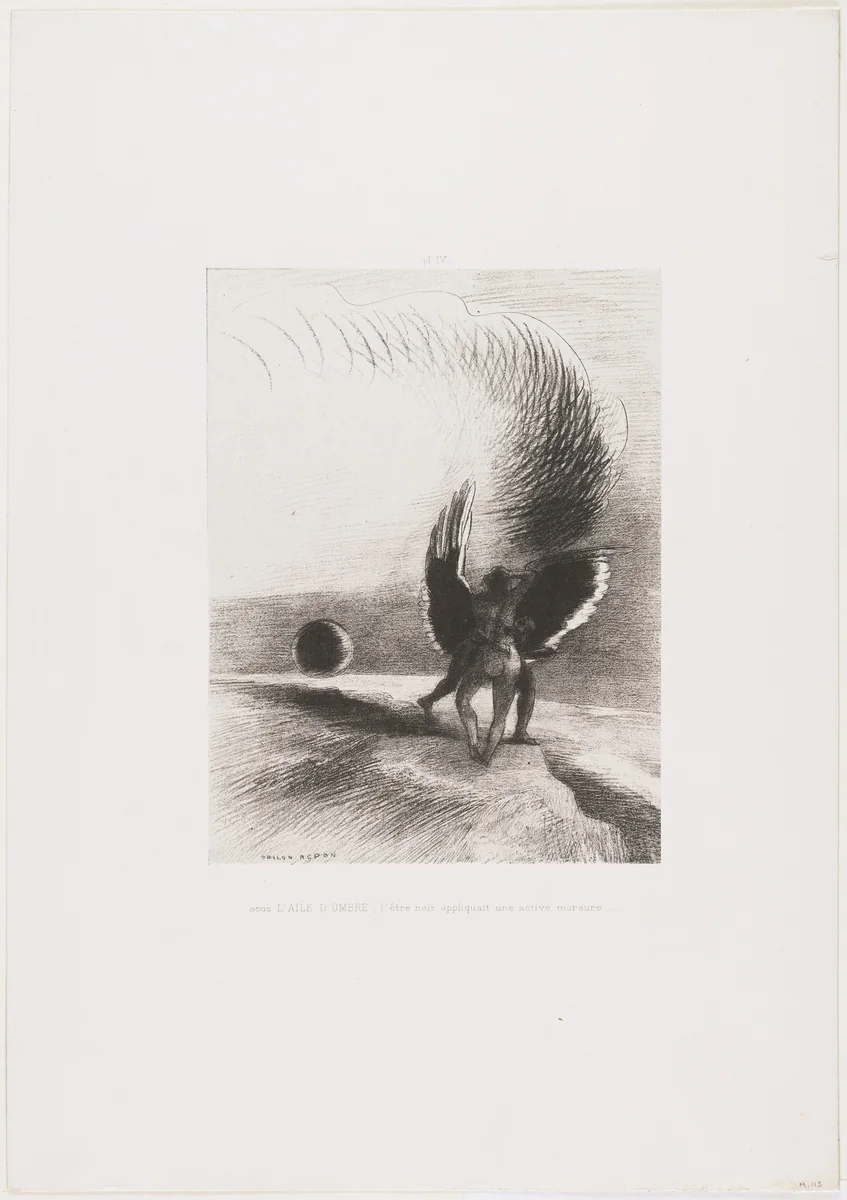 Beneath the Wing of Shadow the Black Creature Was Biting Energetically (Sous l'aile d'ombre, l'être noir appliquait une active morsure) from Dreams (Songes) by Odilon Redon, print, 1891