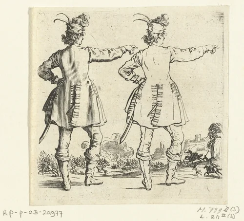 Tweemaal dezelfde soldaat met kleine gepluimde hoed en opgeheven arm, op de rug gezien by Jacques Callot, print, 1621-1624