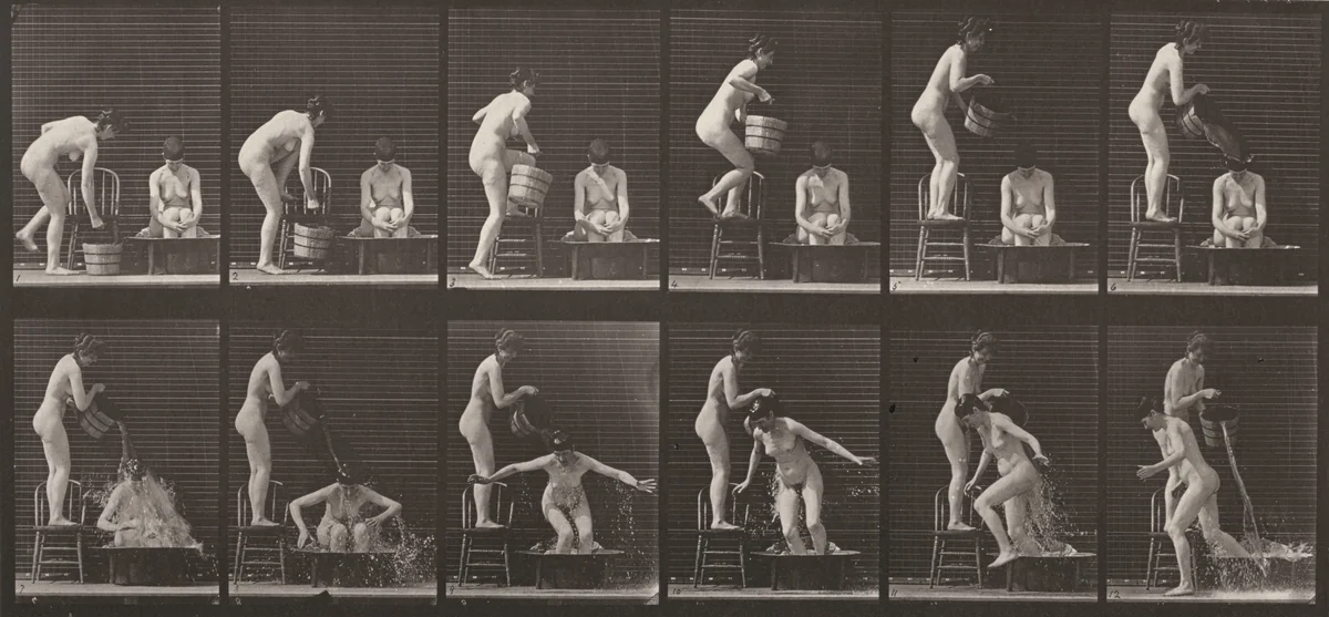 Plate Number 406. Woman pouring a bucket of water over another woman by Eadweard Muybridge, photograph, 1887
