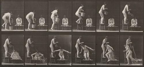 Plate Number 406. Woman pouring a bucket of water over another woman by Eadweard Muybridge, photograph, 1887