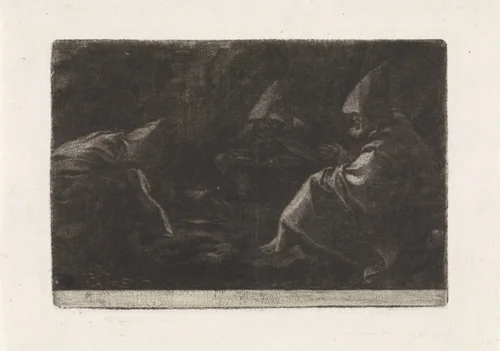 Drie zittende monniken by Allaert van Everdingen, print, 1642-1675