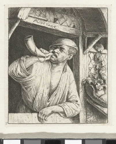 Bakker blaast op een hoorn by Adriaen van Ostade, print, 1646-1650