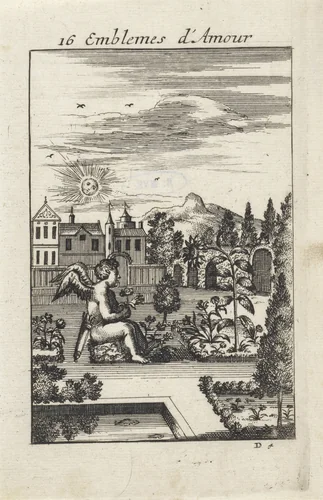 Amor bij een zonnebloem by Jan van Vianen, print, 1686