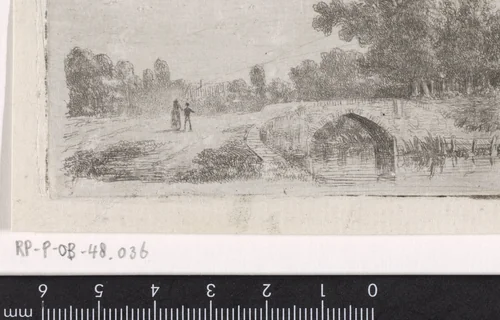 Paar bij een stenen brug by Jacob Jan van der Maaten, print, 1830-1879