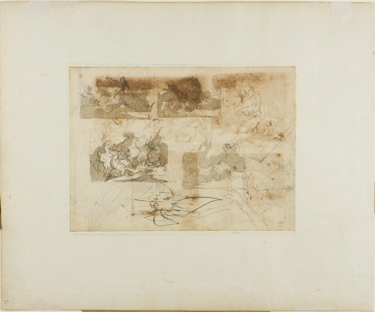 Sketches of a Cavalry Battle, Head, and Paws of a Greyhound by Jean Louis André Théodore Géricault, drawing, 1813-1814