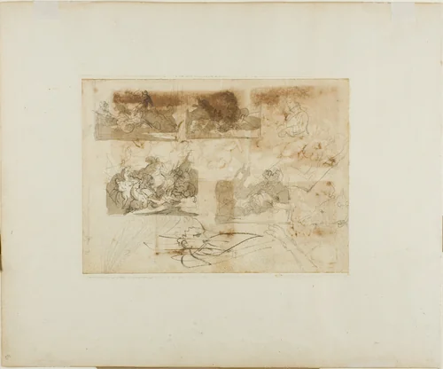 Sketches of a Cavalry Battle, Head, and Paws of a Greyhound by Jean Louis André Théodore Géricault, drawing, 1813-1814