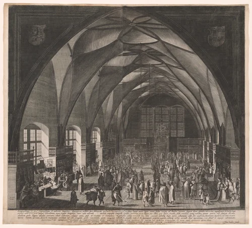 Vladislav Hall, Prague Castle, the Annual Fair by Aegidius Sadeler, print, 1607