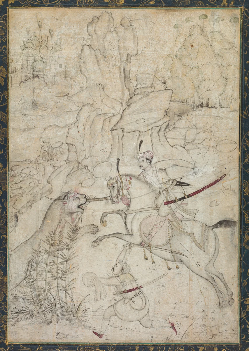 A Mounted Prince Hunting Lion in a Rocky Landscape by Khem Karan, painting, 1595-1605