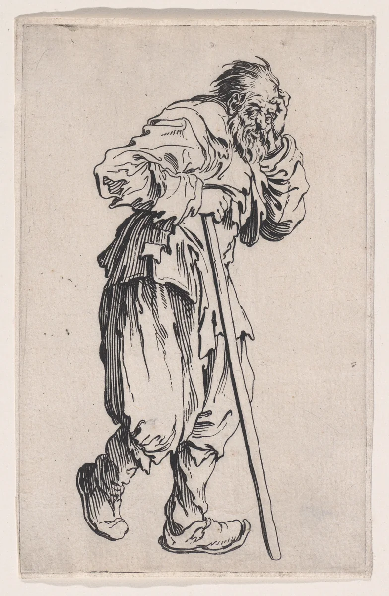 La Gueux Appuye sur son Baton (The Beggar Leaning on his Cane), from "Les Gueux suite appelée aussi Les Mendiants, Les Baroni, ou Les Barons" (The Beggars, also called the Barons) by Jacques Callot, print, 1618-1628