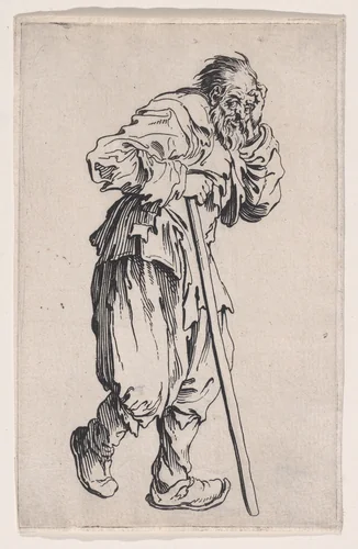 La Gueux Appuye sur son Baton (The Beggar Leaning on his Cane), from "Les Gueux suite appelée aussi Les Mendiants, Les Baroni, ou Les Barons" (The Beggars, also called the Barons) by Jacques Callot, print, 1618-1628