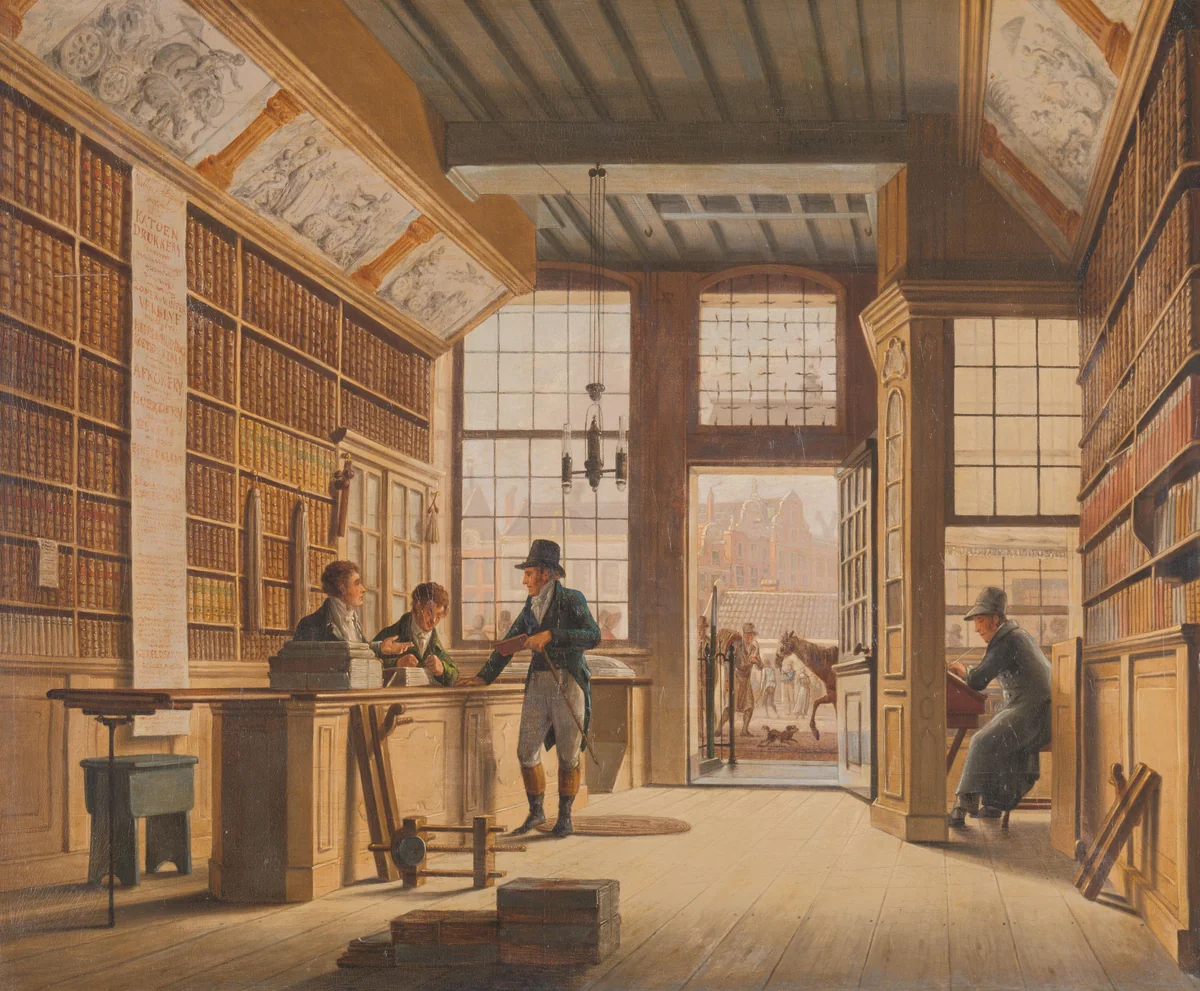 The Shop of the Bookdealer Pieter Meijer Warnars on the Vijgendam in Amsterdam by Johannes Jelgerhuis, painting, 1820