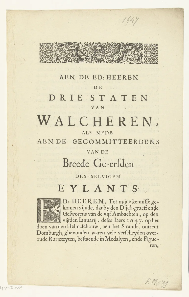Opdracht aan de staten van Walcheren by Hendrick Danckerts, other, 1647