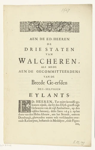 Opdracht aan de staten van Walcheren by Hendrick Danckerts, other, 1647