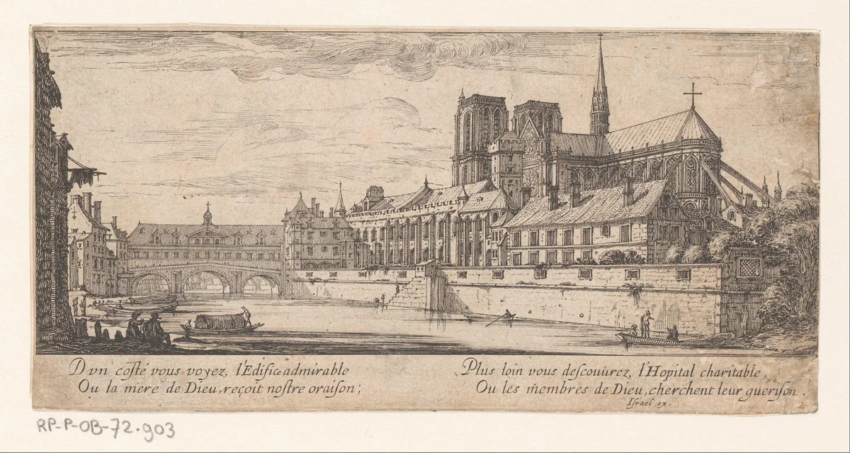 Gezicht op de brug bij het Hôtel-Dieu by Israël Silvestre, print, 1655