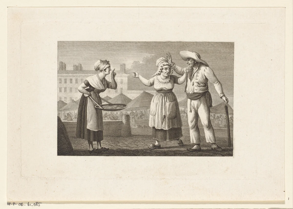 Drie kijvende marktkooplieden by Izaak Jansz. de Wit, print, 1798-1809