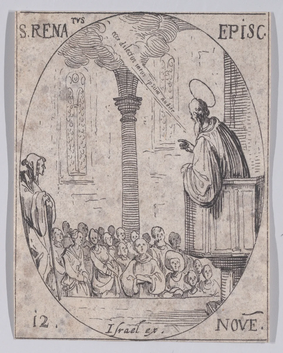 S. René, évêque (St. Renatus, Bishop), November 12th, from "Les Images De Tous Les Saincts et Saintes de L'Année" (Images of All of the Saints and Religious Events of the Year) by Jacques Callot, print, 1636