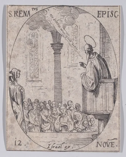 S. René, évêque (St. Renatus, Bishop), November 12th, from "Les Images De Tous Les Saincts et Saintes de L'Année" (Images of All of the Saints and Religious Events of the Year) by Jacques Callot, print, 1636