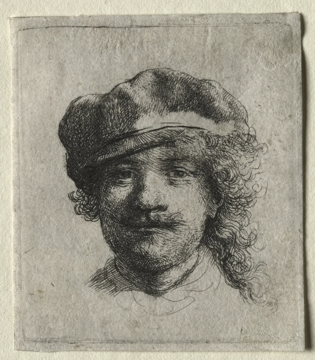 Self-Portrait Wearing a Soft Cap: Full Face, Head Only by Rembrandt van Rijn, print, 1629-1639