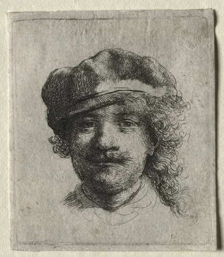 Self-Portrait Wearing a Soft Cap: Full Face, Head Only by Rembrandt van Rijn, print, 1629-1639