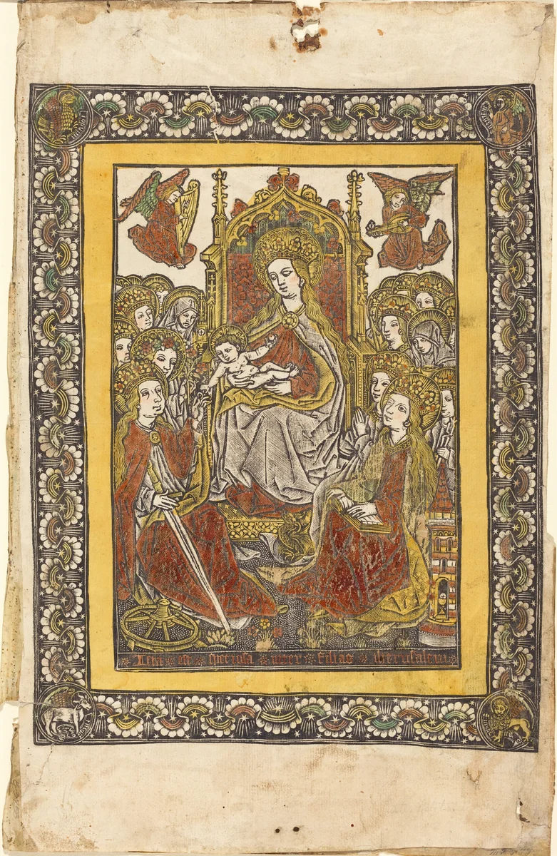 The Madonna Enthroned with Eighteen Holy Women by Master with the Mountain-Like Clouds, print, 1480-1490