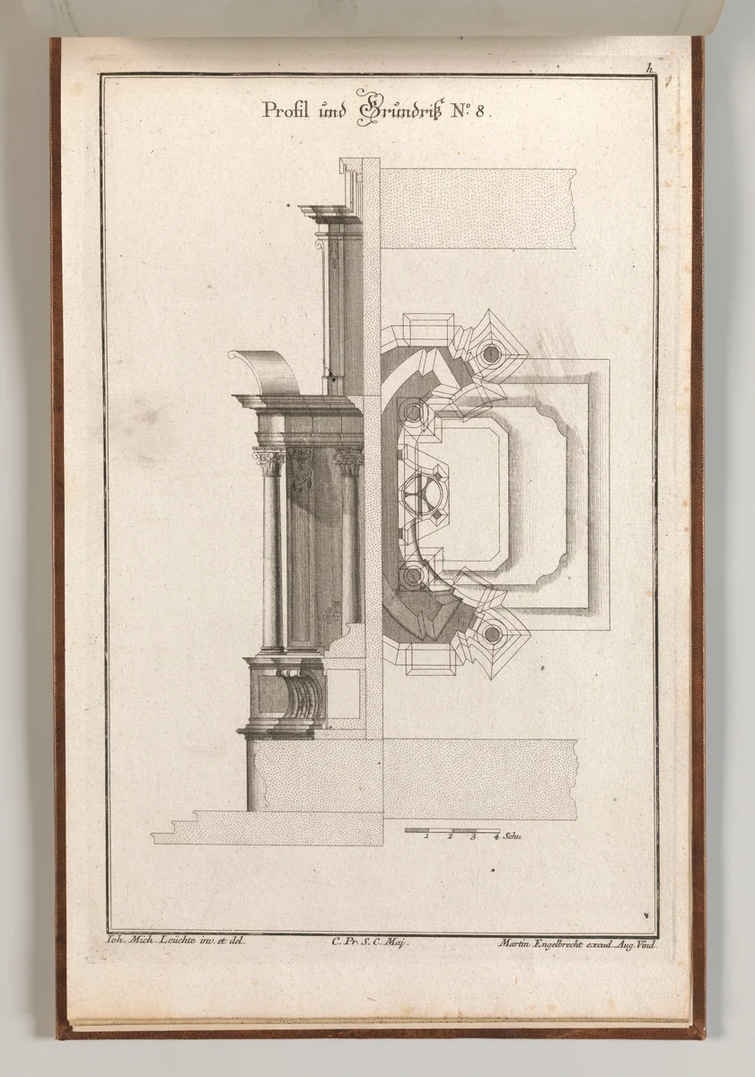 Floorplan and Side View of an Altar, Plate h (2) from 'Unterschiedliche Neu Inventierte Altäre mit darzu gehörigen Profillen u. Grundrißen.' by Johann Michael Leüchte, book, 1745-1755