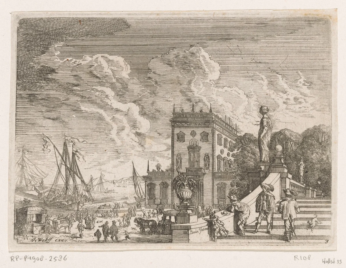 Havengezicht met op de voorgrond mannen op een bordes by Johann Wilhelm Baur, print, 1640