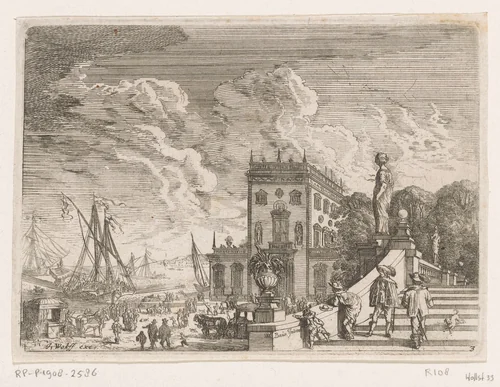 Havengezicht met op de voorgrond mannen op een bordes by Johann Wilhelm Baur, print, 1640