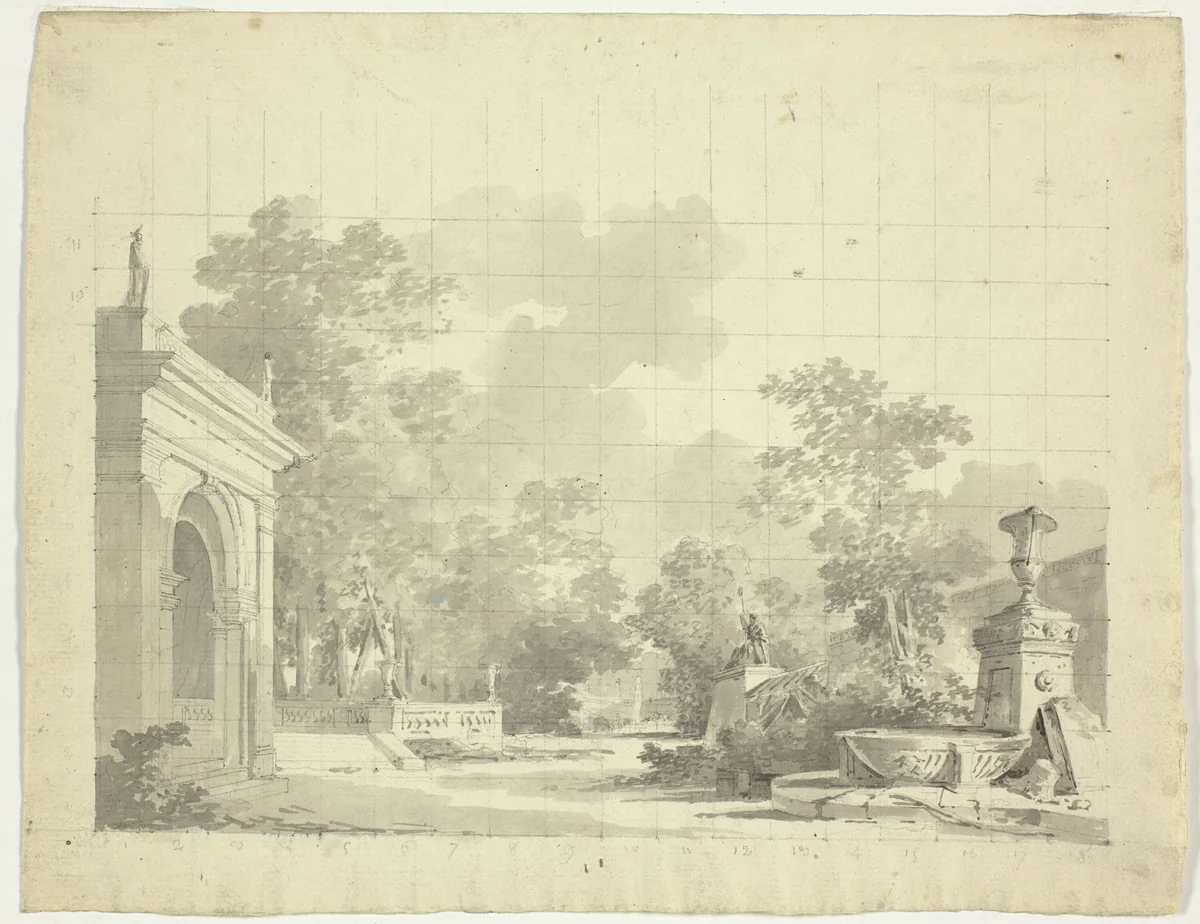 View of the Park at Versailles: Arched Entry to a Terrace, Urns and Ruined Statuary by Pierre Antoine Mongin, drawing, 1781-1827