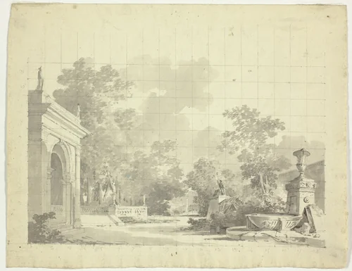View of the Park at Versailles: Arched Entry to a Terrace, Urns and Ruined Statuary by Pierre Antoine Mongin, drawing, 1781-1827