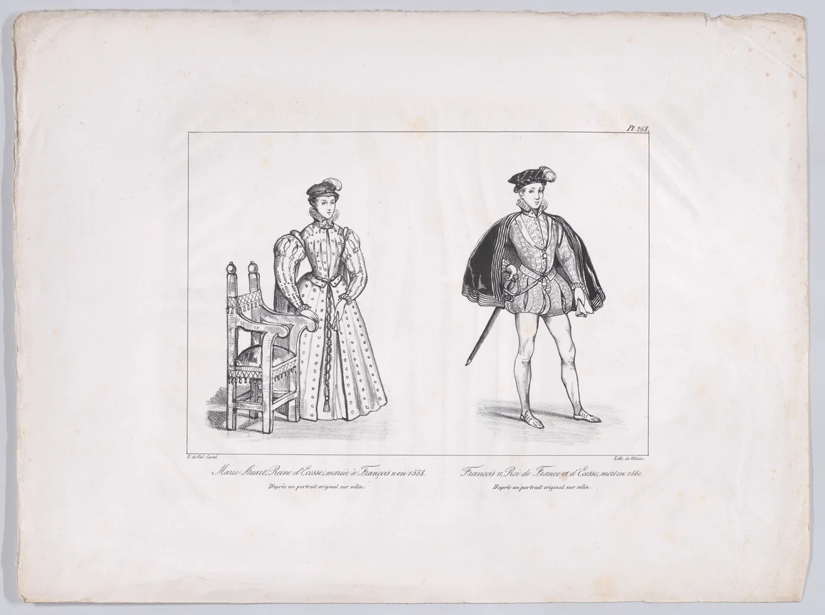 Mary, Queen of Scots and Francis II, King of France (from "Collection des costumes, armes et meubles pour servir à l'histoire de France depuis le commencement du Veme siècle jusqu'à nos jours," plate 268) by Horace de Viel-Castel, print, 1822-1837