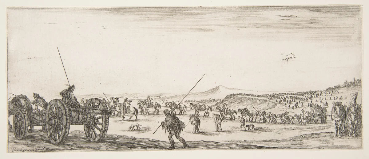 A procession of horsemen and cannons in the middle ground walking to the left, a cannon and two men to left, from "Peace and War" (Divers desseins tant pour la paix que pour la guerre) by Stefano della Bella, print, 1636-1646