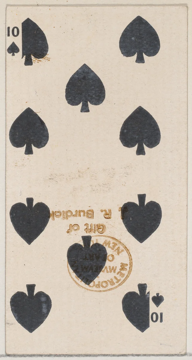Ten Spades (black), from the Playing Cards series (N84) for Duke brand cigarettes by W. Duke, Sons & Co., print, 1888