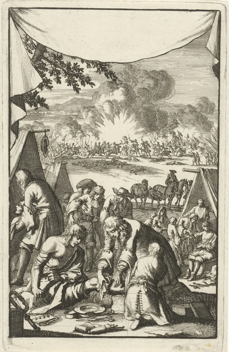 Gewonden nabij een veldslag in een tentenkamp verzorgd by Jan Luyken, print, 1693
