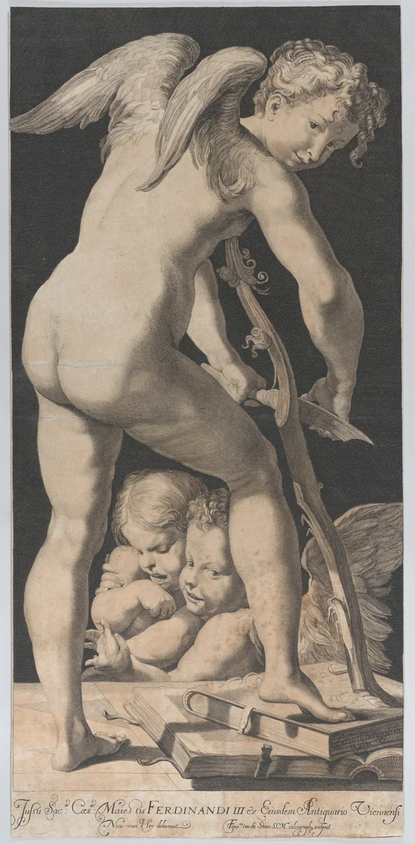 Cupid sharpening his bow by Franciscus Van Den Steen, print, 1645-1672