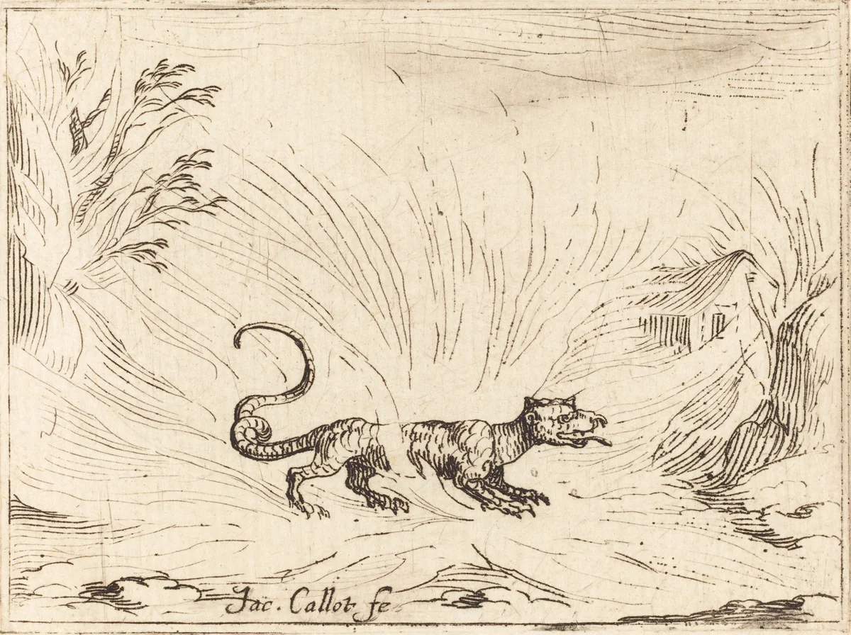 Salamander Surrounded by Flames by Jacques Callot, print, 1592-1635