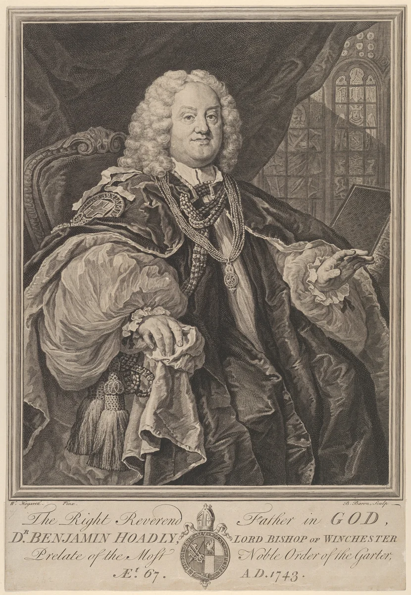 The Right Reverend Father in God, Dr. Benjamin Hoadly, Lord Bishop of Winchester, Prelate of the Most Noble Order of the Garter, Aet. 67. A.D. 1743 by Bernard Baron, print, 1743