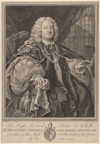 The Right Reverend Father in God, Dr. Benjamin Hoadly, Lord Bishop of Winchester, Prelate of the Most Noble Order of the Garter, Aet. 67. A.D. 1743 by Bernard Baron, print, 1743