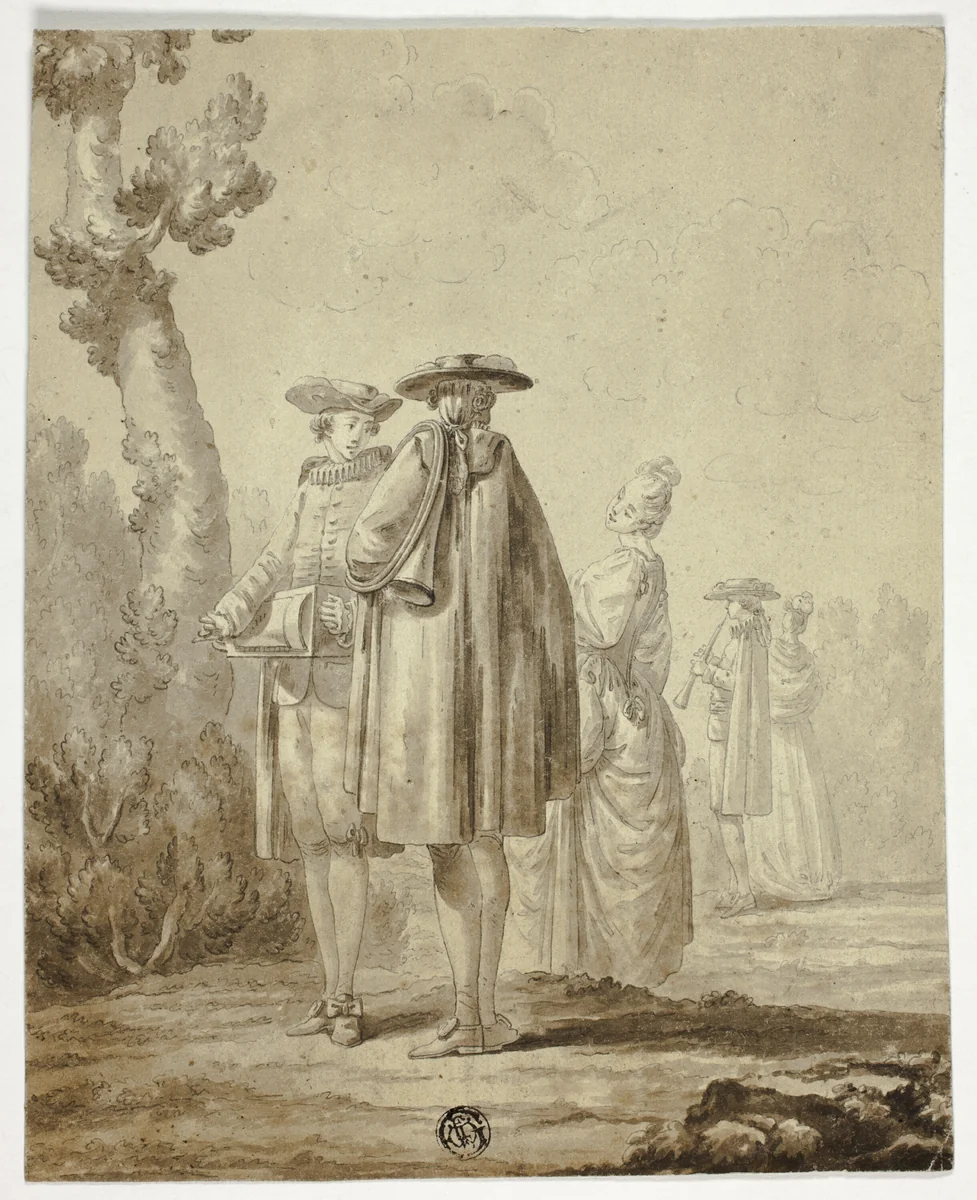 Three Musicians and Two Ladies in Outdoor Setting by Unknown Artist, drawing, 1700-1799