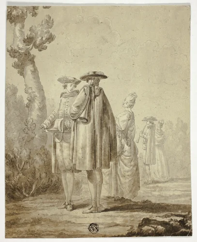 Three Musicians and Two Ladies in Outdoor Setting by Unknown Artist, drawing, 1700-1799